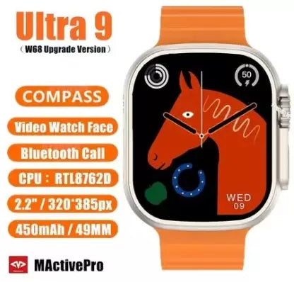 SPNECO WATCH 9 ULTRA ORANGE SMART WATCH WITH WIRELESS CHARGER Smartwatch (Orange Strap, FREE)
