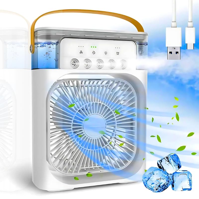 Mini Evaporative Cooler with LED Light, USB Type-C Powered Personal Air Cooler Fan, 3-Speed Wind, 3 Mist Modes, Timer Function,