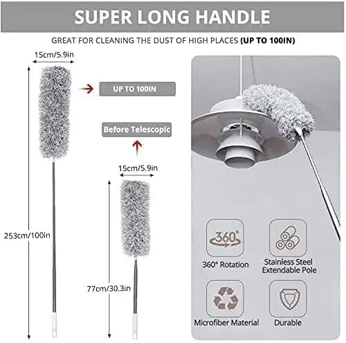SPENCO Long Handle Microfiber Feather Ceiling Duster for Dust Cleaning with extendable Pole 30-100 Inch with Anti Scratch Bendable Head Brush for Cleaning High Cobweb Stick high Ceiling Fan