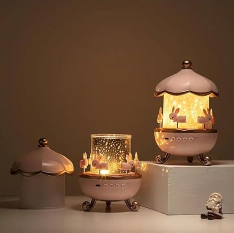 Bunny Carousel Night Light Projector Lamp | 360° Rotatable Cabin LED Night Lamp with 6 Film Shade | Rechargeable & USB Powered Cute Bunny