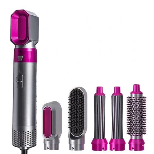 5-in-1 Hot Air Hair Styling Brush Set, Multi-Function Curling and Straightening Styler with Attachments, Pink and Silver