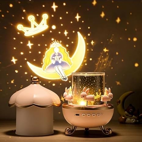 Bunny Carousel Night Light Projector Lamp | 360° Rotatable Cabin LED Night Lamp with 6 Film Shade | Rechargeable & USB Powered Cute Bunny