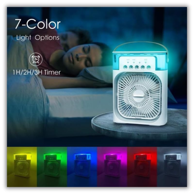 Mini Evaporative Cooler with LED Light, USB Type-C Powered Personal Air Cooler Fan, 3-Speed Wind, 3 Mist Modes, Timer Function,