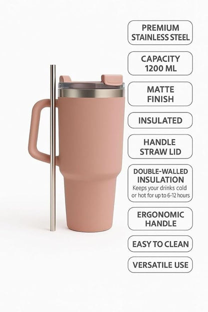 1200ML Stainless Steel Tumbler with Handle & Straw, Double-Wall Vacuum Insulated, Leak-Proof Travel Sipper