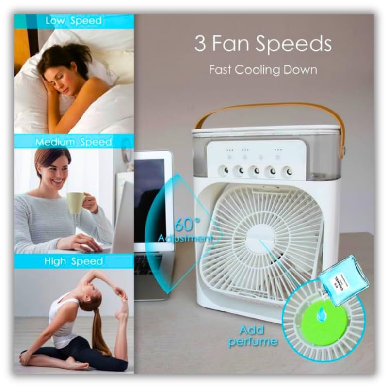 Mini Evaporative Cooler with LED Light, USB Type-C Powered Personal Air Cooler Fan, 3-Speed Wind, 3 Mist Modes, Timer Function,