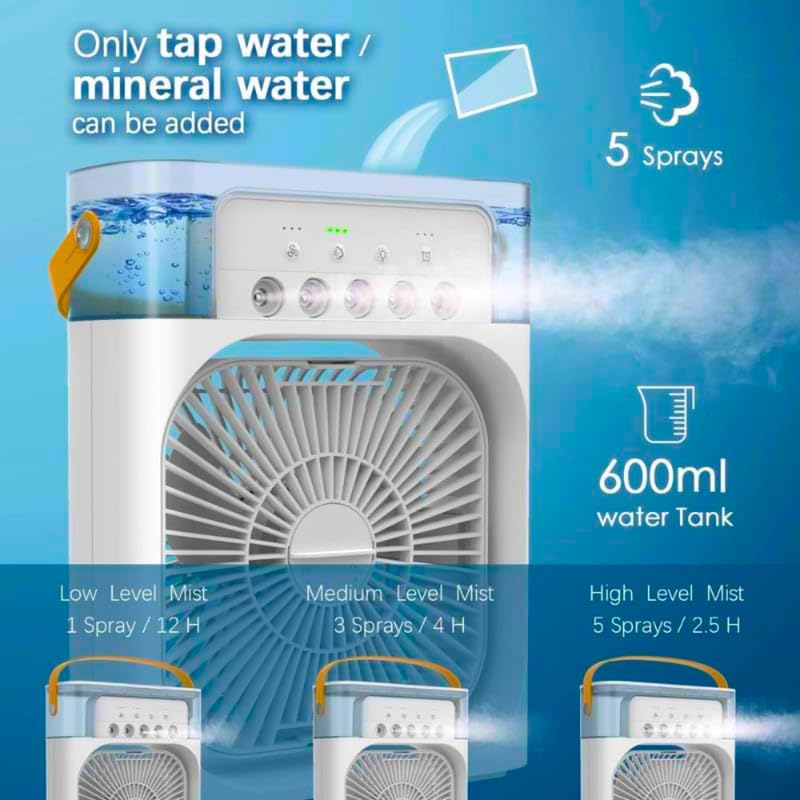 Mini Evaporative Cooler with LED Light, USB Type-C Powered Personal Air Cooler Fan, 3-Speed Wind, 3 Mist Modes, Timer Function,