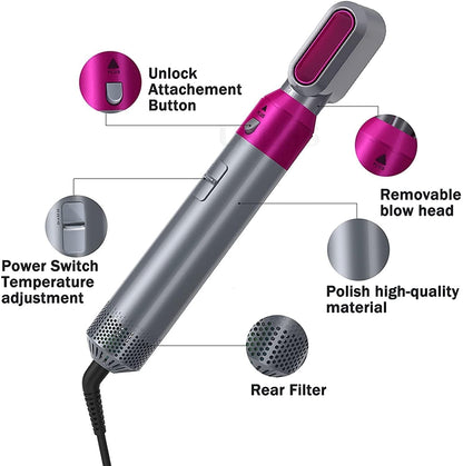 5-in-1 Hot Air Hair Styling Brush Set, Multi-Function Curling and Straightening Styler with Attachments, Pink and Silver