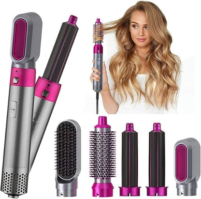 5-in-1 Hot Air Hair Styling Brush Set, Multi-Function Curling and Straightening Styler with Attachments, Pink and Silver