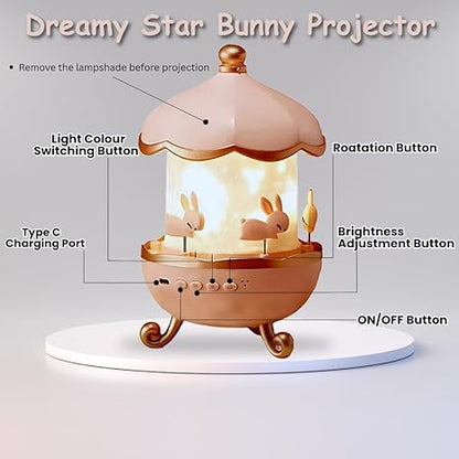 Bunny Carousel Night Light Projector Lamp | 360° Rotatable Cabin LED Night Lamp with 6 Film Shade | Rechargeable & USB Powered Cute Bunny