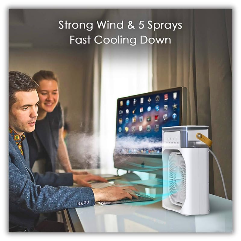 Mini Evaporative Cooler with LED Light, USB Type-C Powered Personal Air Cooler Fan, 3-Speed Wind, 3 Mist Modes, Timer Function,