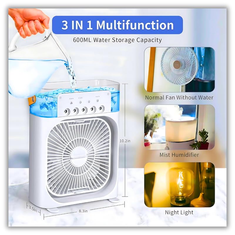 Mini Evaporative Cooler with LED Light, USB Type-C Powered Personal Air Cooler Fan, 3-Speed Wind, 3 Mist Modes, Timer Function,