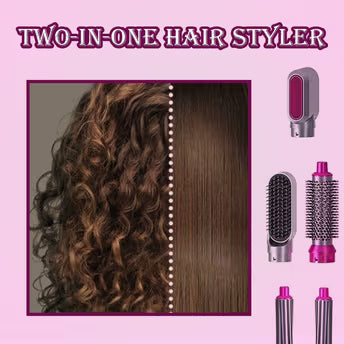 5-in-1 Hot Air Hair Styling Brush Set, Multi-Function Curling and Straightening Styler with Attachments, Pink and Silver