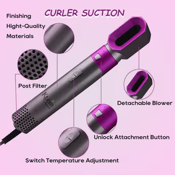 5-in-1 Hot Air Hair Styling Brush Set, Multi-Function Curling and Straightening Styler with Attachments, Pink and Silver