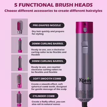 5-in-1 Hot Air Hair Styling Brush Set, Multi-Function Curling and Straightening Styler with Attachments, Pink and Silver