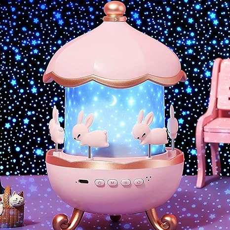 Bunny Carousel Night Light Projector Lamp | 360° Rotatable Cabin LED Night Lamp with 6 Film Shade | Rechargeable & USB Powered Cute Bunny