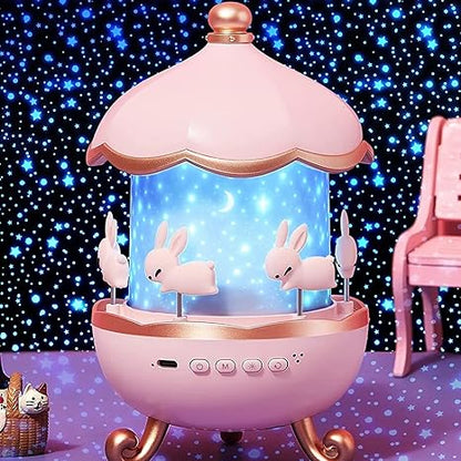 Bunny Carousel Night Light Projector Lamp | 360° Rotatable Cabin LED Night Lamp with 6 Film Shade | Rechargeable & USB Powered Cute Bunny