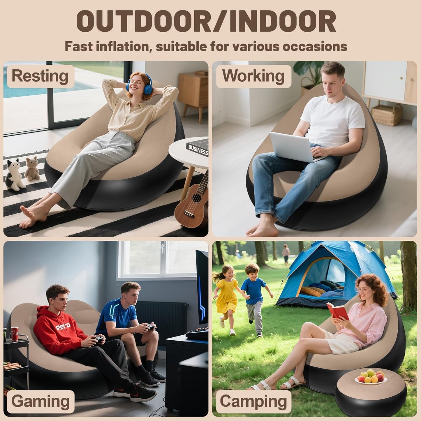 Inflatable Sofa with Household Air Pump - Air Couch Chair with Footstool for Indoor&Outdoor in Livingroom Bedroom Readingroom