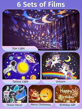 Bunny Carousel Night Light Projector Lamp | 360° Rotatable Cabin LED Night Lamp with 6 Film Shade | Rechargeable & USB Powered Cute Bunny