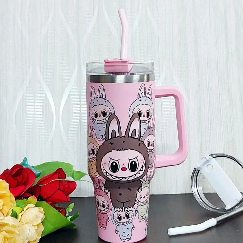 Labubu Tumbler with Handle, Cute Cartoon Designer Stainless Steel Insulated Travel Mug – Pink