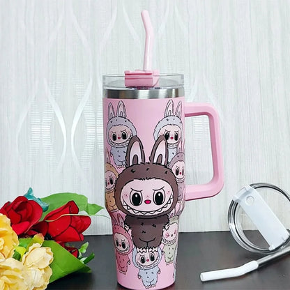 Labubu Tumbler with Handle, Cute Cartoon Designer Stainless Steel Insulated Travel Mug – Pink