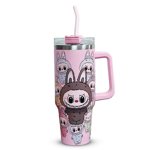 Labubu Tumbler with Handle, Cute Cartoon Designer Stainless Steel Insulated Travel Mug – Pink