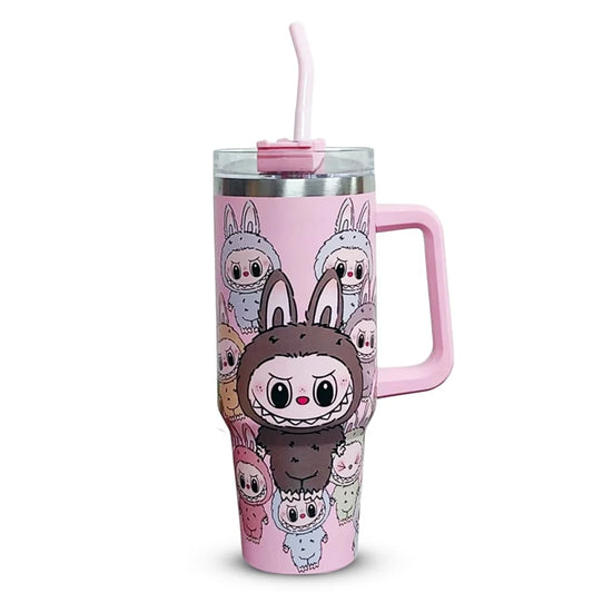 Labubu Tumbler with Handle, Cute Cartoon Designer Stainless Steel Insulated Travel Mug – Pink