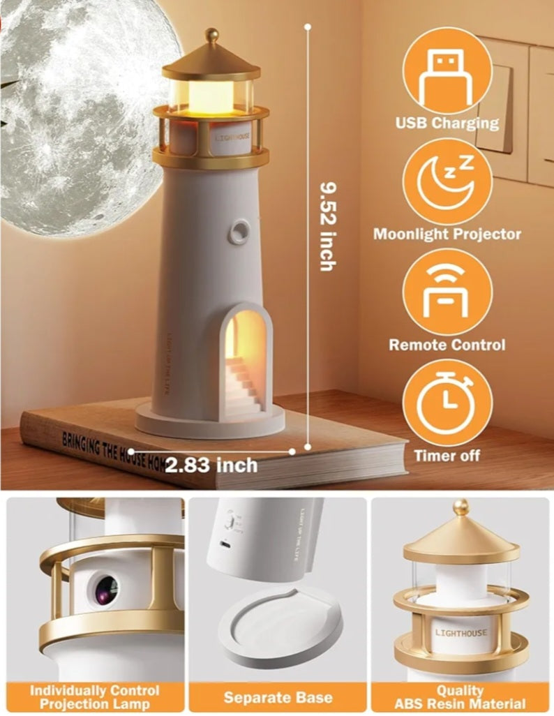 Moon Lamp Projector Night Light,Lighthouse Decor Light Night Light for Kids,Moon Light Galaxy Projector Rechargeable LED Aesthetic Table Lamp