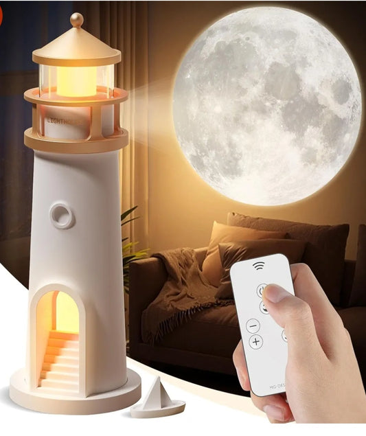 Moon Lamp Projector Night Light,Lighthouse Decor Light Night Light for Kids,Moon Light Galaxy Projector Rechargeable LED Aesthetic Table Lamp